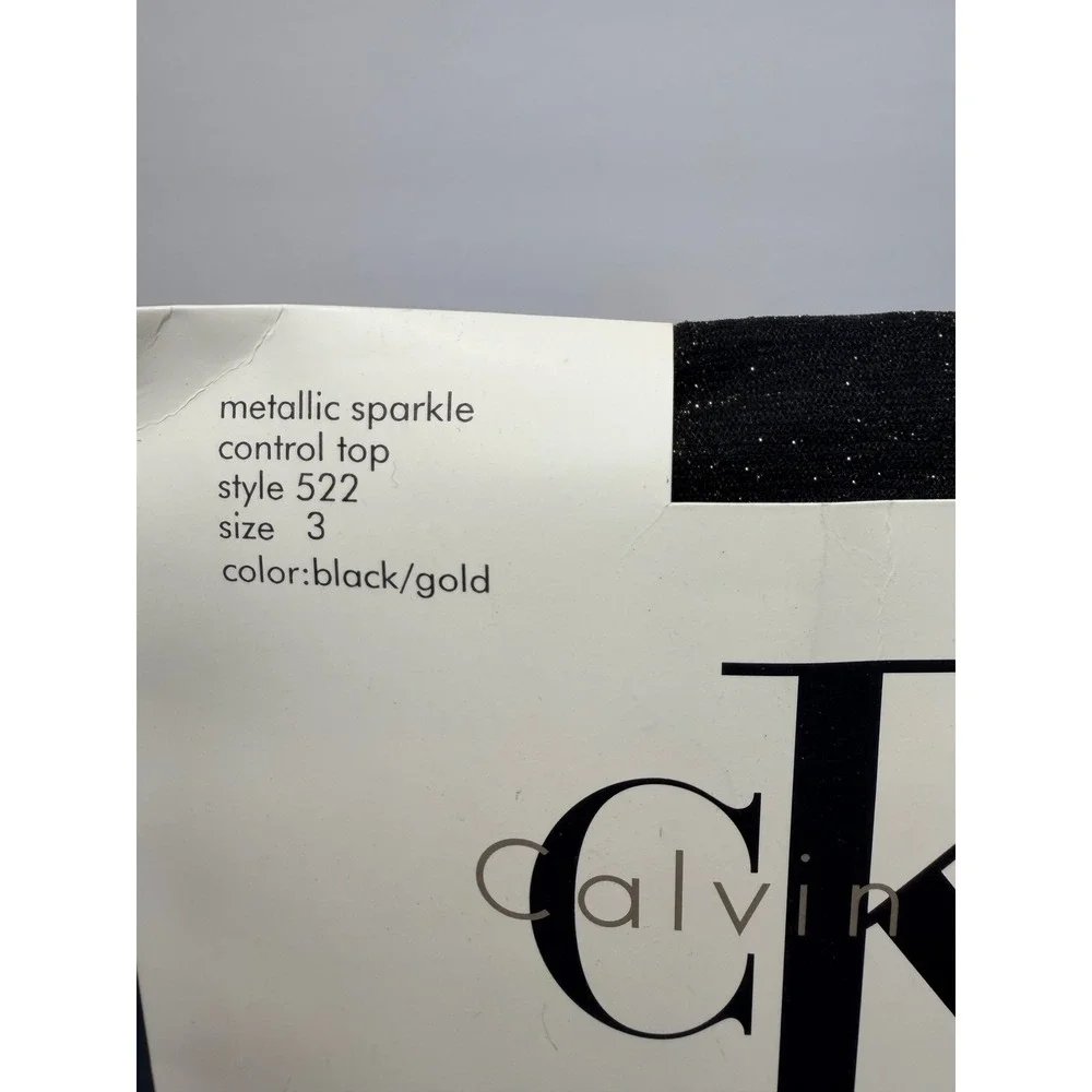 Calvin Klein Metallic Sparkle Control Top Tights Black Gold Style 522 Size 3 VTG